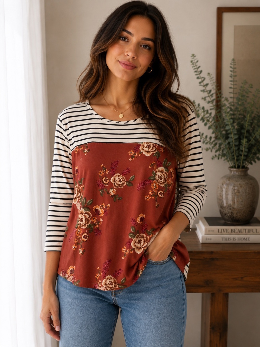C'est La Vie Mixed Print Floral Striped ¾ Sleeve Top Size Large
